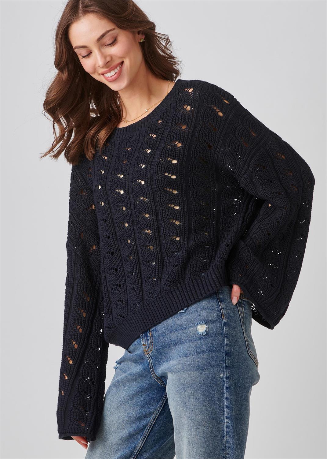 Cotton Blend Lace Stitch Sweater (Navy)